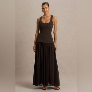 Club L London Kelly Brown Scoop-Neck Maxi Dress With Pleated Mesh Skirt